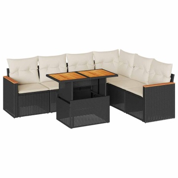 Set canapele grădină perne 7 piese negru, poliratan/lemn acacia - Img 2