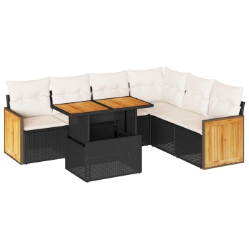 Set canapele grădină perne 7 piese negru, poliratan/lemn acacia - Img 2