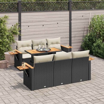 Set canapele grădină perne 7 piese negru, poliratan/lemn acacia - Img 1