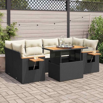 Set canapele grădină perne 7 piese negru, poliratan/lemn acacia - Img 1
