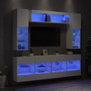 Set comode TV de perete, 6 piese, cu lumini LED, alb - Img 8