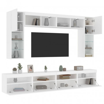 Set comode TV de perete, 8 piese, cu lumini LED, alb - Img 1