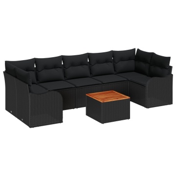 Set de 8 Piese de Canapea pentru Grădină cu Perne Negru Ratan Poli Acacia, Canapea pentru Grădină cu 2 Locuri cu Perne Negru Ratan Poli - Img 2