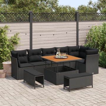 Set de 9 piese de sofa pentru grădină cu pernuțe Negru Ratan Poli Acacia, Set de 3 piese pentru masă în grădină cu pernuțe Negru Ratan Poli Acacia - Img 1