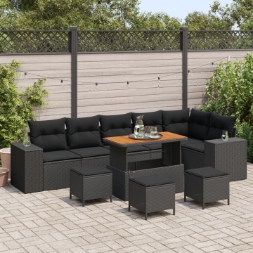 Set de canapea de grădină 10 piese cu perne Ratan sintetic negru Acacia, Set de dining de grădină 4 piese cu perne Ratan sintetic negru Acacia - Img 1