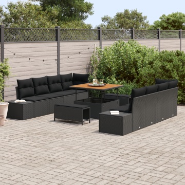Set de canapea de grădină cu 11 piese și perne Negru Rattan sintetic Acacia, Canapea de grădină cu 2 locuri cu depozitare și perne Negru Rattan sintetic, Set de dining de grădină cu 3 piese și perne Negru Rattan sintetic Acacia - Img 3