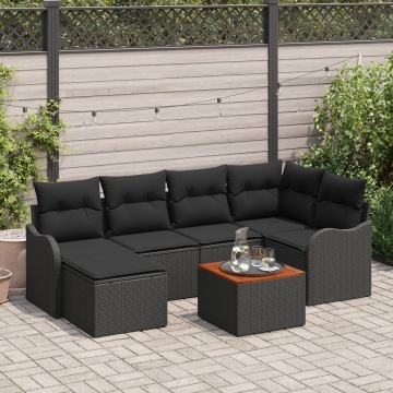 Set de canapea de grădină cu 7 piese, cu perne, poly rattan negru, acacia, Canapea de grădină cu două locuri cu depozitare și perne, negru, poly rattan - Img 1