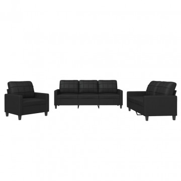 Set de canapele cu perne, 3 piese, negru, piele ecologică - Img 2