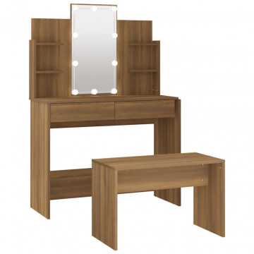 Set de masă de toaletă cu LED, stejar maro, lemn prelucrat - Img 2