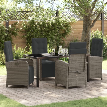 Set de masă pentru grădină cu 5 piese și perne gri din ratan poli, Masă de grădină Neagră 160x80x73 cm Sticlă securizată - Img 1
