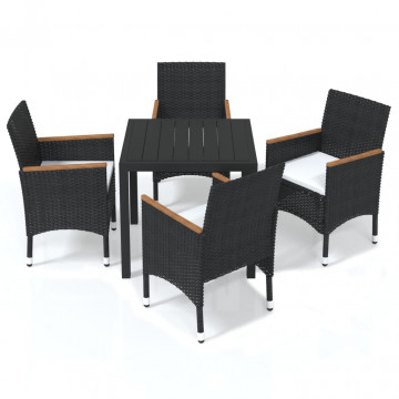Set de masă pentru grădină cu perne, 5 piese, negru, poliratan - Img 2