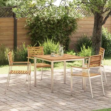 Set de mese pentru grădină cu 5 piese din lemn masiv de acacia, Masă de mese în aer liber 90x90x74.5 cm din lemn masiv de acacia, Scaune de grădină stivuibile 4 buc din lemn masiv de acacia și oțel - Img 1