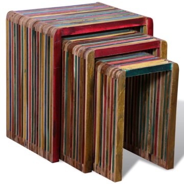 Set de mese suprapuse 3 piese, lemn de tec reciclat, multicolor - Img 4