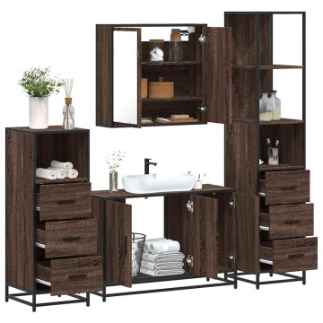 Set de mobilier de baie din 4 piese din lemn de stejar maro - Img 1