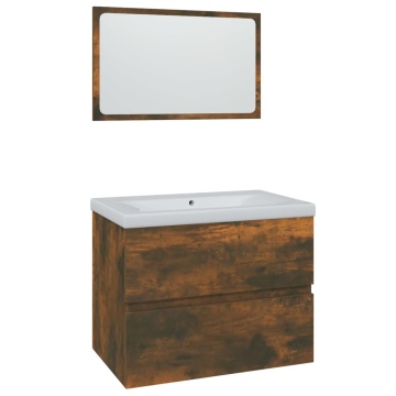 Set de mobilier de baie, stejar fumuriu, lemn prelucrat - Img 2