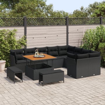 Set de sofa de grădină 12 piese cu perne Negru Poli Ratan Acacia, Set de dining de grădină 3 piese cu perne Negru Poli Ratan Acacia - Img 3