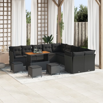 Set de Sofa pentru Grădină de 14 Piese cu Perne Negru Poliratan Acacia, Set de Cină pentru Grădină de 4 Piese cu Perne Negru Poliratan Acacia - Img 1