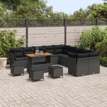 Set de Sofa pentru Grădină de 14 Piese cu Perne Negru Poliratan Acacia, Set de Cină pentru Grădină de 4 Piese cu Perne Negru Poliratan Acacia - Img 3