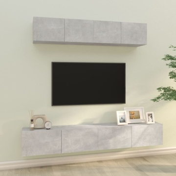 Set dulap TV, 4 piese, gri beton, lemn prelucrat - Img 1