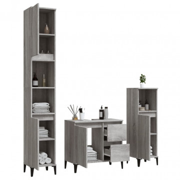 Set dulapuri de baie, 3 piese, gri sonoma, lemn prelucrat - Img 4
