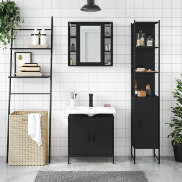 Set dulapuri de baie, 3 piese, negru, lemn prelucrat - Img 3
