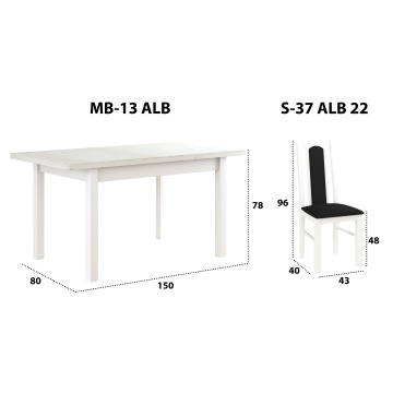 Set masa extensibila 120x150cm cu 4 scaune tapitate, mb-13 max5 si s-37 boss7 b22, alb, lemn masiv de fag, stofa - Img 3