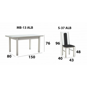 Set masa extensibila 120x150cm cu 4 scaune tapitate, mb-13 max5 si s-37 boss7 b22, alb, lemn masiv de fag, stofa - Img 6