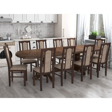 Set masa extensibila jork 200x250 cm, lemn masiv nuc, cu 10 scaune tapitate stofa maro, s-37 O2 - Img 1