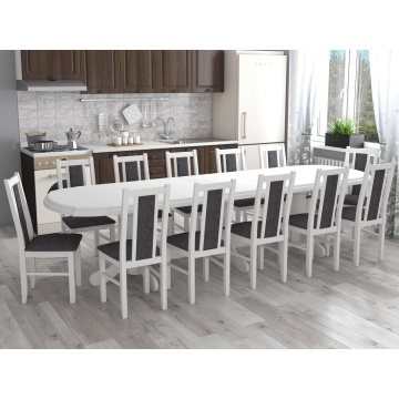 Set masa extensibila jork 250-300x100 cm, lemn masiv alb, cu 12 scaune tapitate stofa gri, s-38 B24B - Img 1