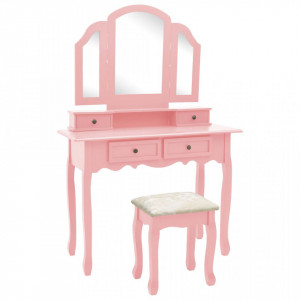 Set masă toaletă cu taburet roz 100x40x146 cm lemn paulownia - Img 1