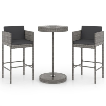 Set mobilier bar de grădină, cu perne, 3 piese, gri, poliratan - Img 2