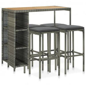 Set mobilier bar de grădină cu perne, 5 piese, gri, poliratan - Img 1