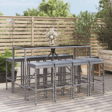 Set mobilier bar de grădină, cu perne, 9 piese, gri, poliratan - Img 1