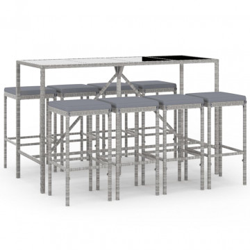 Set mobilier bar de grădină, cu perne, 9 piese, gri, poliratan - Img 2