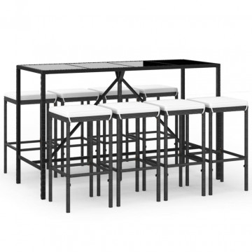 Set mobilier bar de grădină cu perne, 9 piese, negru, poliratan - Img 2