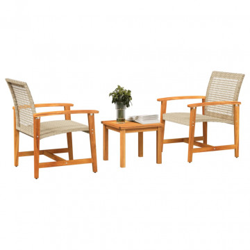 Set mobilier bistro, 3 piese, poliratan bej/lemn de acacia - Img 3