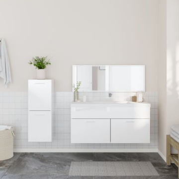Set mobilier de baie, 3 piese, alb extralucios, lemn compozit - Img 3