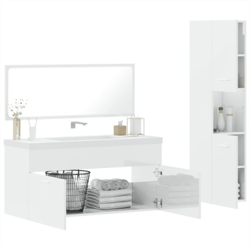 Set mobilier de baie, 3 piese, alb extralucios, lemn compozit - Img 4