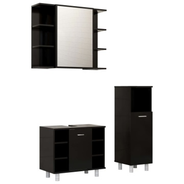 Set mobilier de baie, 3 piese, negru, lemn prelucrat - Img 2