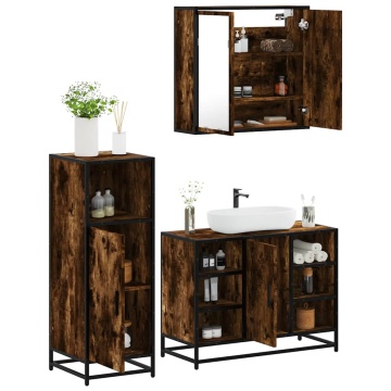 Set mobilier de baie, 3 piese, stejar fumuriu, lemn prelucrat - Img 1