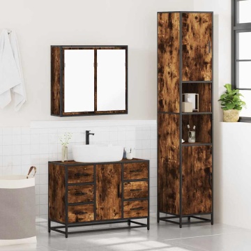 Set mobilier de baie, 3 piese, stejar fumuriu, lemn prelucrat - Img 4