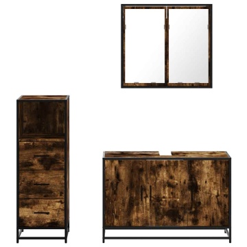 Set mobilier de baie, 3 piese, stejar fumuriu, lemn prelucrat - Img 8