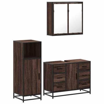 Set mobilier de baie, 3 piese, stejar maro, lemn prelucrat - Img 2