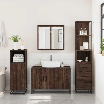 Set mobilier de baie, 3 piese, stejar maro, lemn prelucrat - Img 4