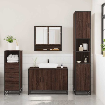 Set mobilier de baie, 3 piese, stejar maro, lemn prelucrat - Img 3