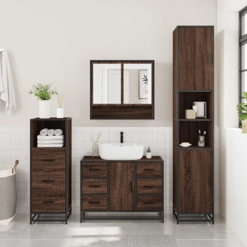Set mobilier de baie, 3 piese, stejar maro, lemn prelucrat - Img 3