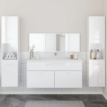 Set mobilier de baie, 4 piese, alb extralucios, lemn prelucrat - Img 1