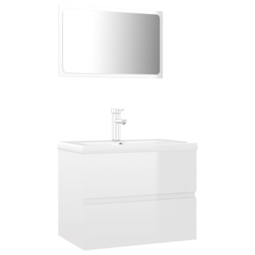 Set mobilier de baie, alb extralucios, lemn prelucrat - Img 2