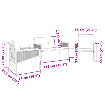 Set mobilier de balcon, 3 piese, cu perne, negru, oțel - Img 7