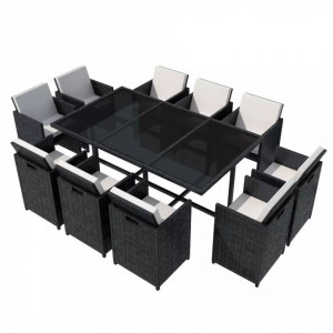 Set mobilier de exterior cu perne, 11 piese, negru, poliratan - Img 1
